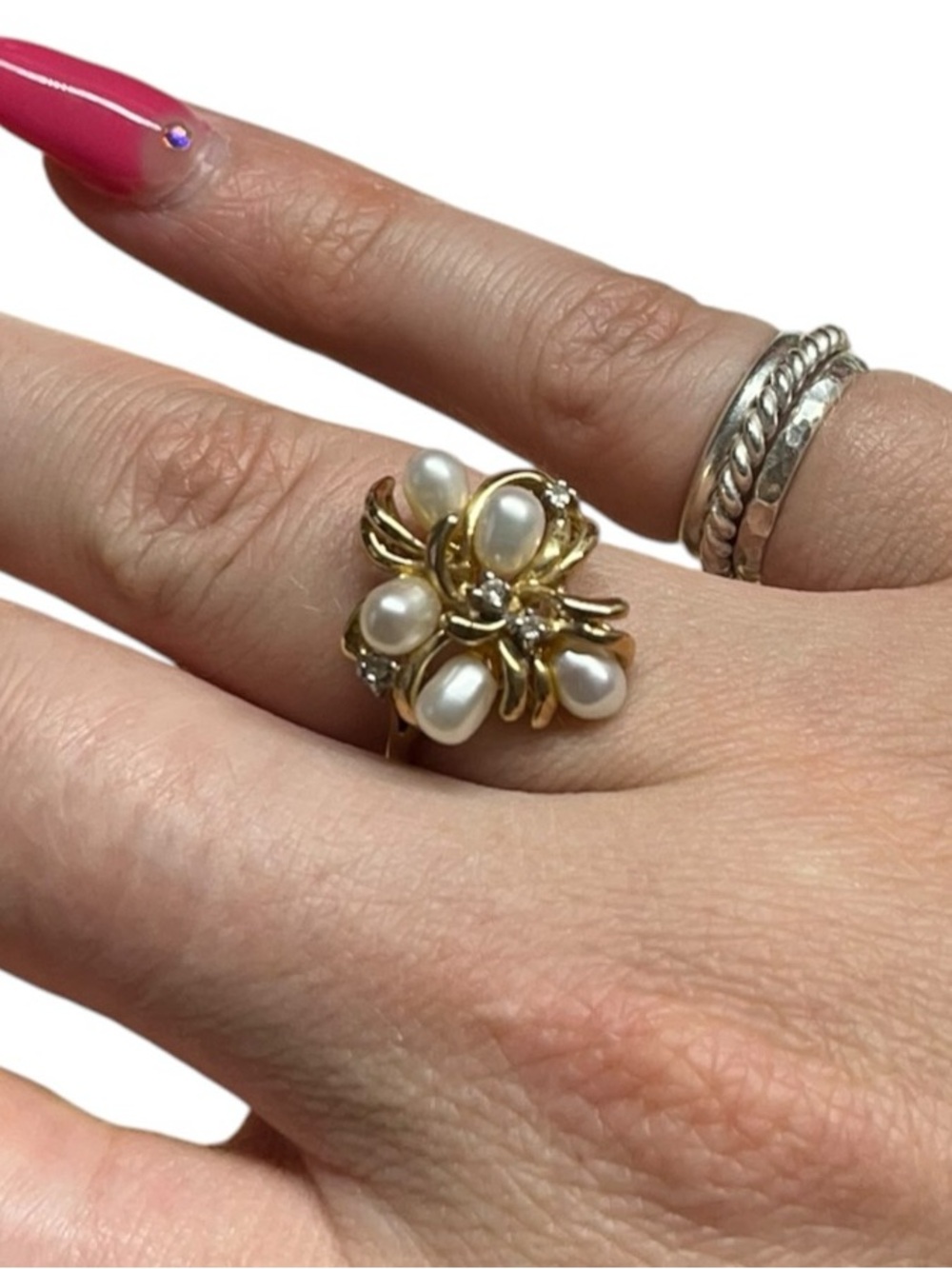 Vintage 10k Gold Statement Pearl Diamond Ring Size 6.5